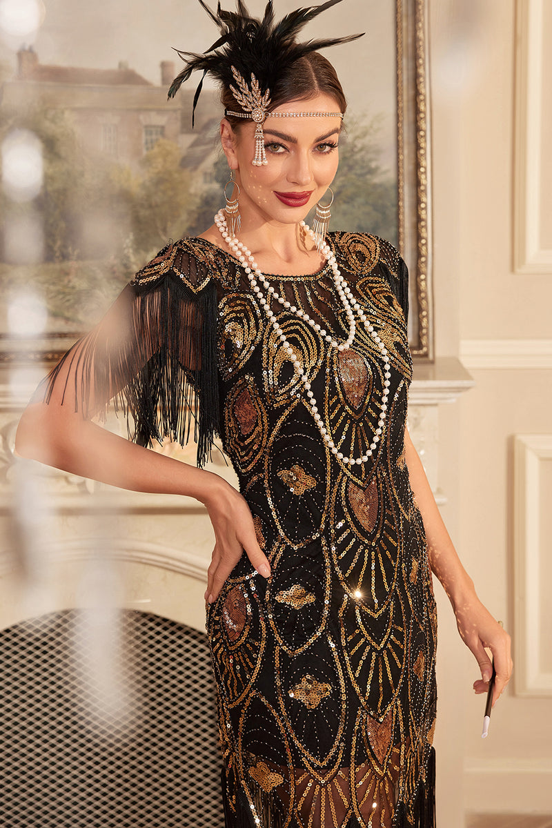 Load image into Gallery viewer, Black Golden Round Neck Sheath 1920s Sequin Fringe Dress with Sleeves