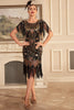 Load image into Gallery viewer, Black Golden Round Neck Sheath 1920s Sequin Fringe Dress with Sleeves