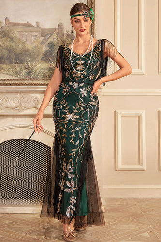 Green Golden V-Neck Sequins Long 1920s Flapper Dress with Fringes