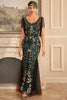 Load image into Gallery viewer, Green Golden V-Neck Sequins Long 1920s Flapper Dress with Fringes