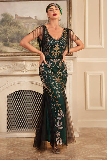 Green Golden V-Neck Sequins Long 1920s Flapper Dress with Fringes