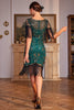 Load image into Gallery viewer, Dark Green Sequined Fringed 1920s Gatsby Dress with Accessories Set