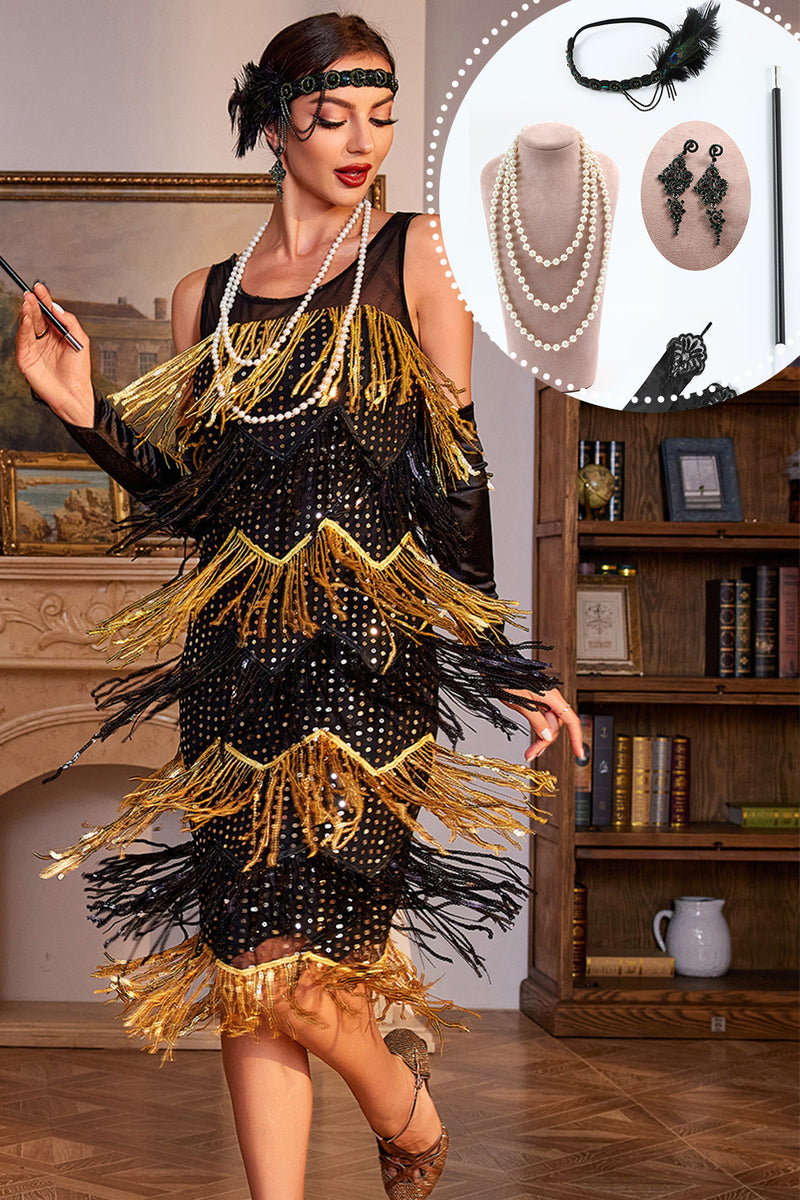 Load image into Gallery viewer, Black Golden Sequined 1920s Flapper Dress with 20s Accessories