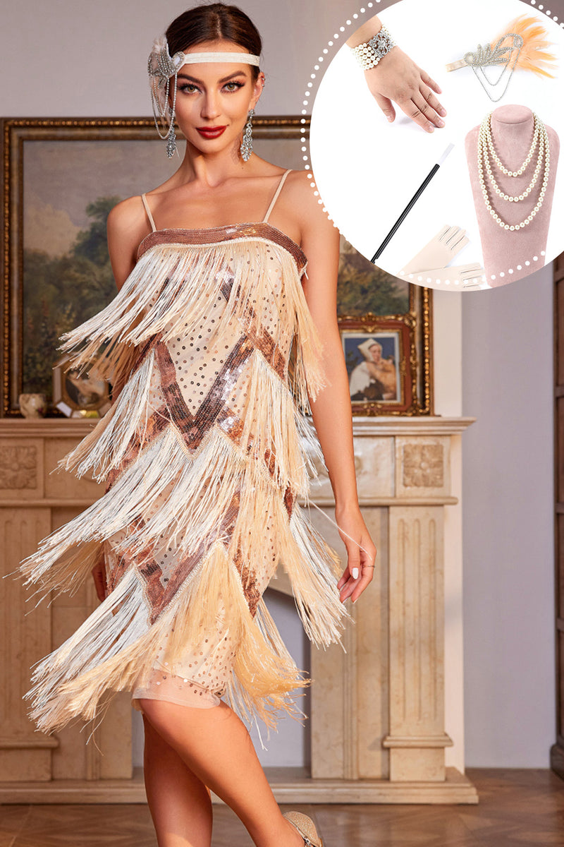 Load image into Gallery viewer, Sparkly White Sequined 1920s Flapper Dress with 20s Accessories