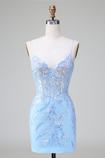 Spaghetti Straps Blue Tight Homecoming Dress with Sequins