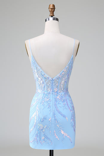 Spaghetti Straps Blue Tight Homecoming Dress with Sequins