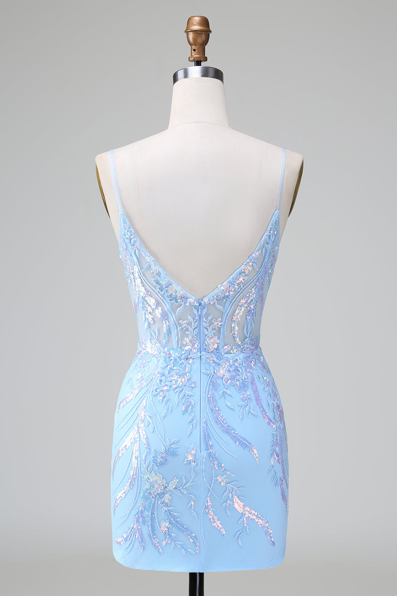 Load image into Gallery viewer, Spaghetti Straps Blue Tight Homecoming Dress with Sequins