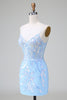 Load image into Gallery viewer, Spaghetti Straps Blue Tight Homecoming Dress with Sequins