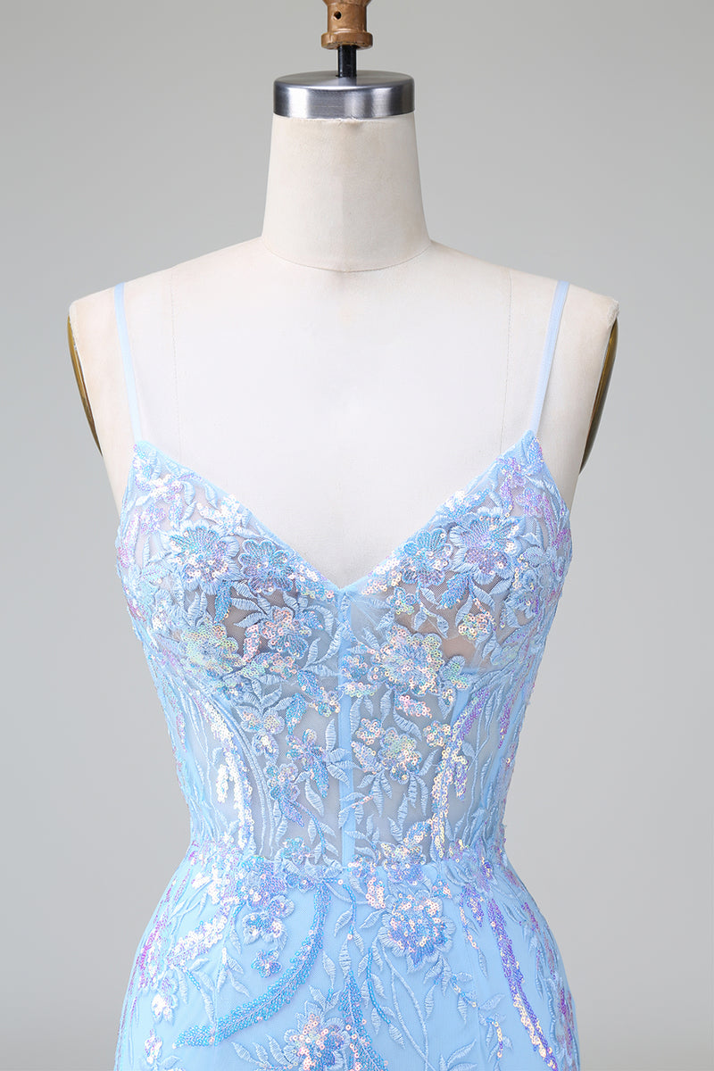 Load image into Gallery viewer, Spaghetti Straps Blue Tight Homecoming Dress with Sequins