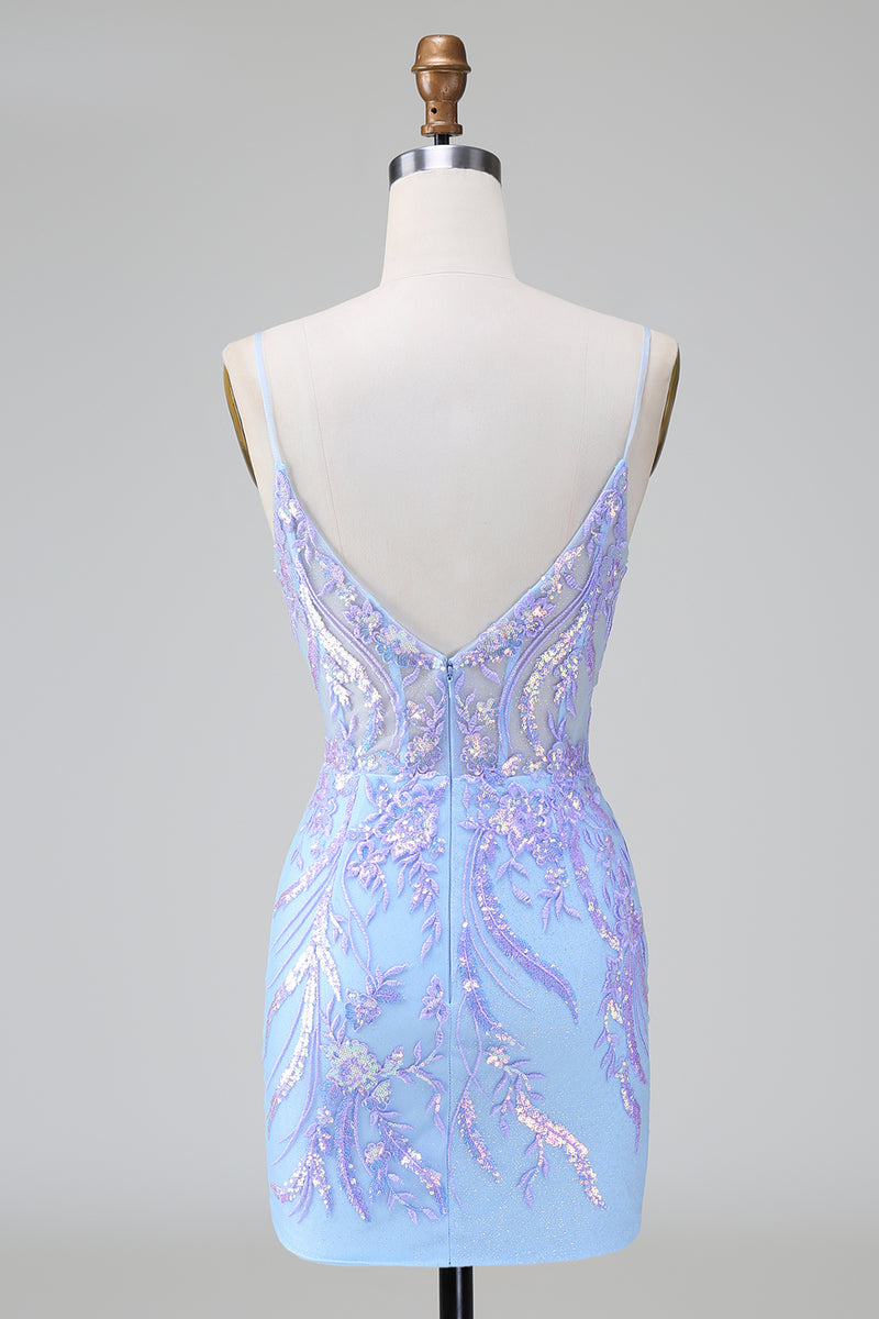 Load image into Gallery viewer, Lilac Blue Spaghetti Straps Tight Short Homecoming Dress with Sequins