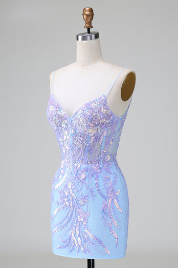 Lilac Blue Spaghetti Straps Bodycon Homecoming Dress with Sequins