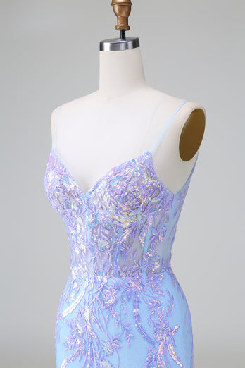 Lilac Blue Spaghetti Straps Bodycon Homecoming Dress with Sequins