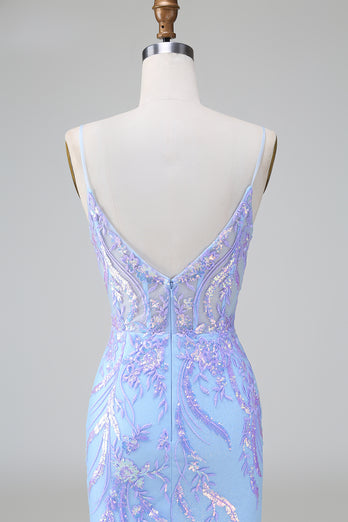 Lilac Blue Spaghetti Straps Bodycon Homecoming Dress with Sequins