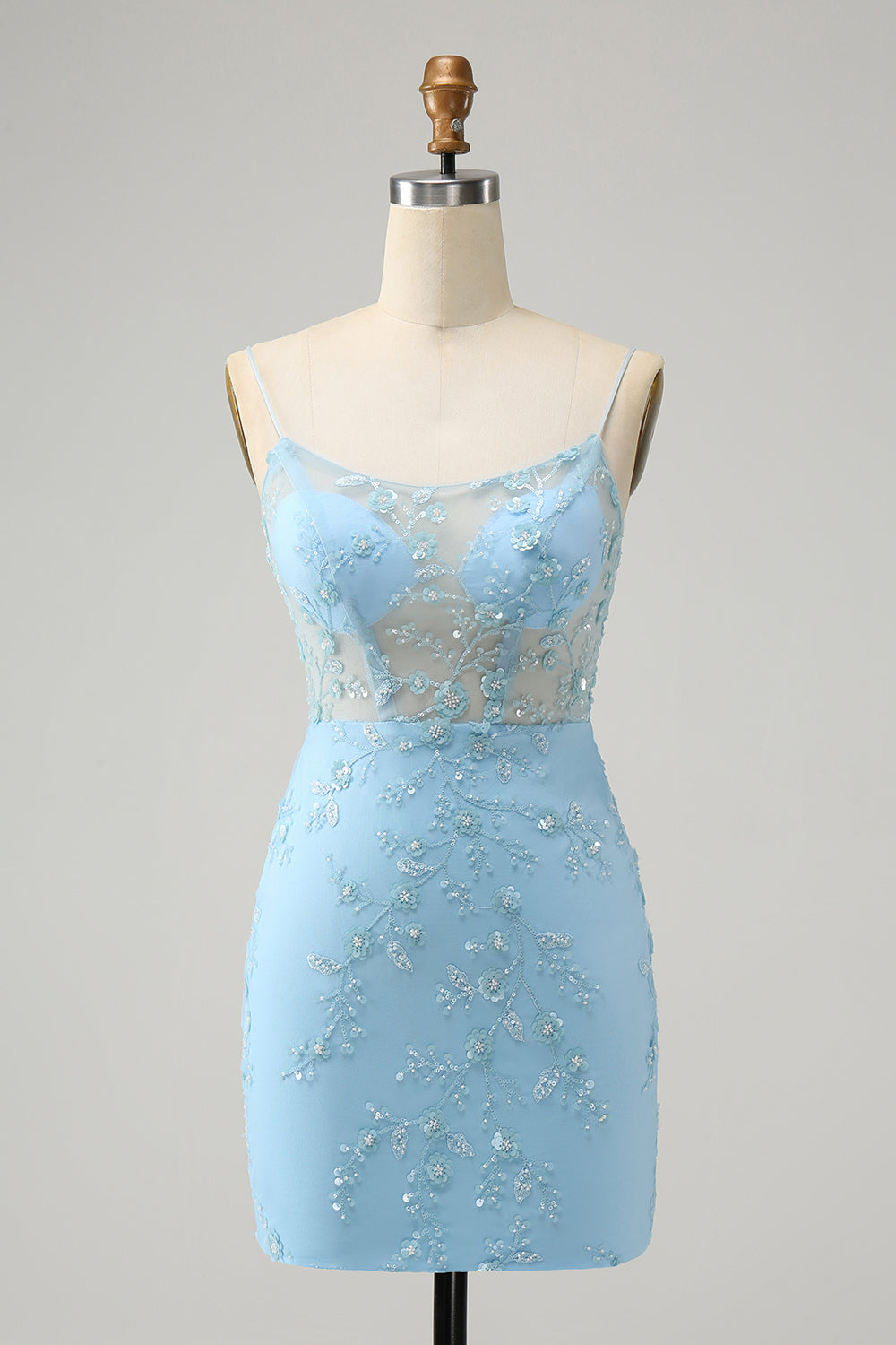 Blue Spaghetti Straps Bodycon Short Homecoming Dress with Lace