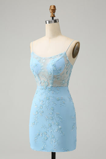 Blue Spaghetti Straps Bodycon Short Homecoming Dress with Lace