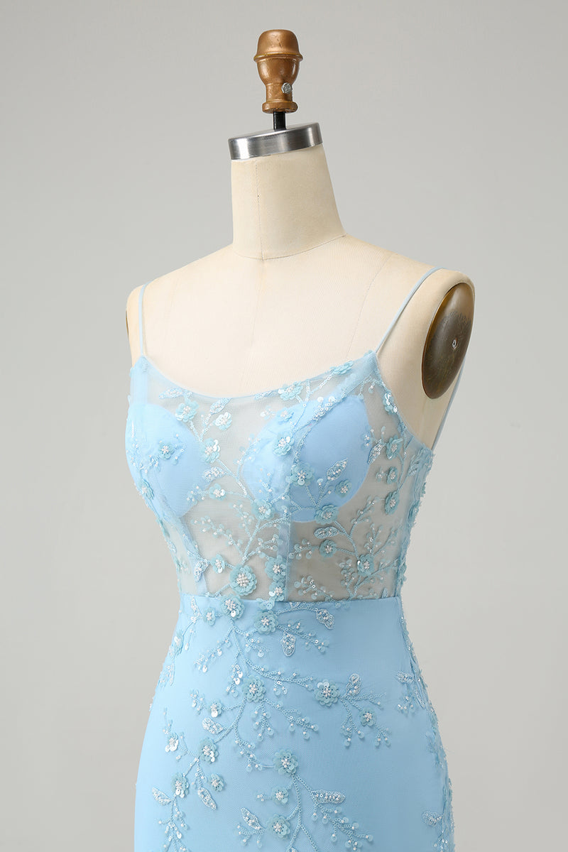 Load image into Gallery viewer, Blue Spaghetti Straps Bodycon Short Homecoming Dress with Lace