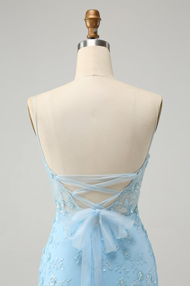 Load image into Gallery viewer, Blue Spaghetti Straps Bodycon Short Homecoming Dress with Lace