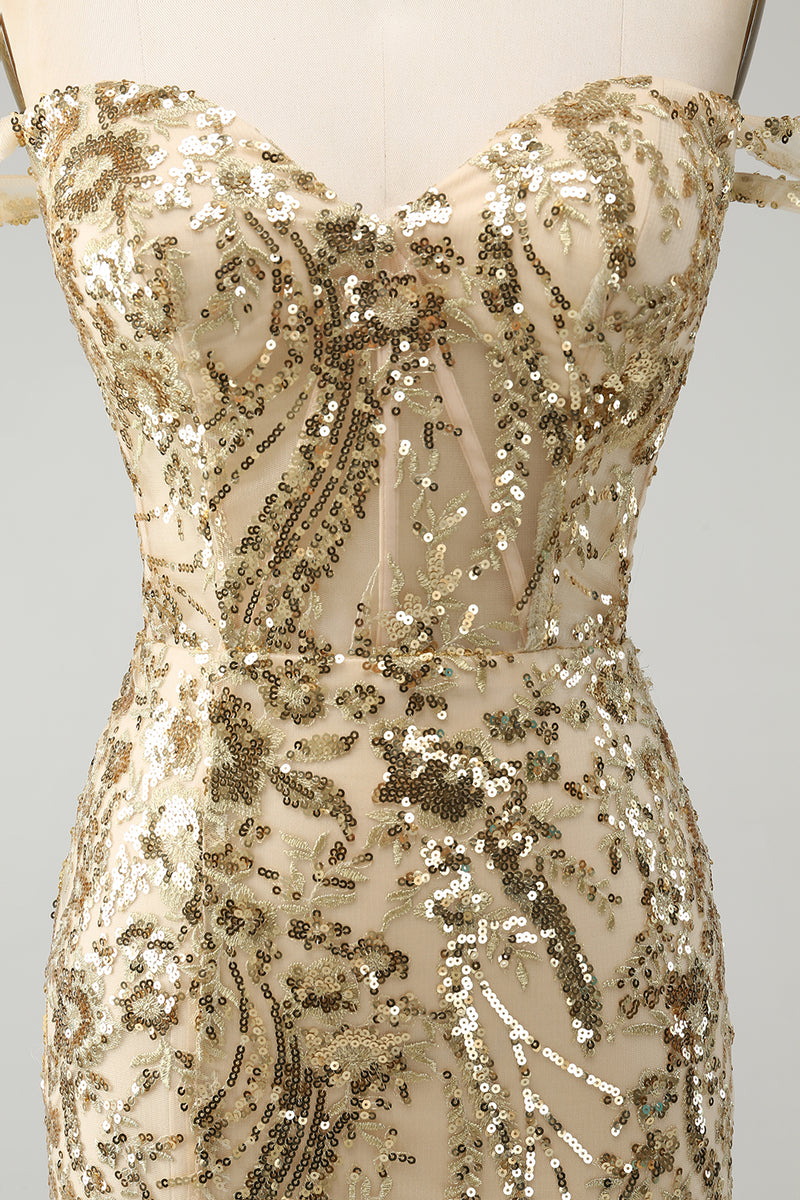 Load image into Gallery viewer, Golden Off The Shoulder Borycon Corset Homecoming Dress with Sequins