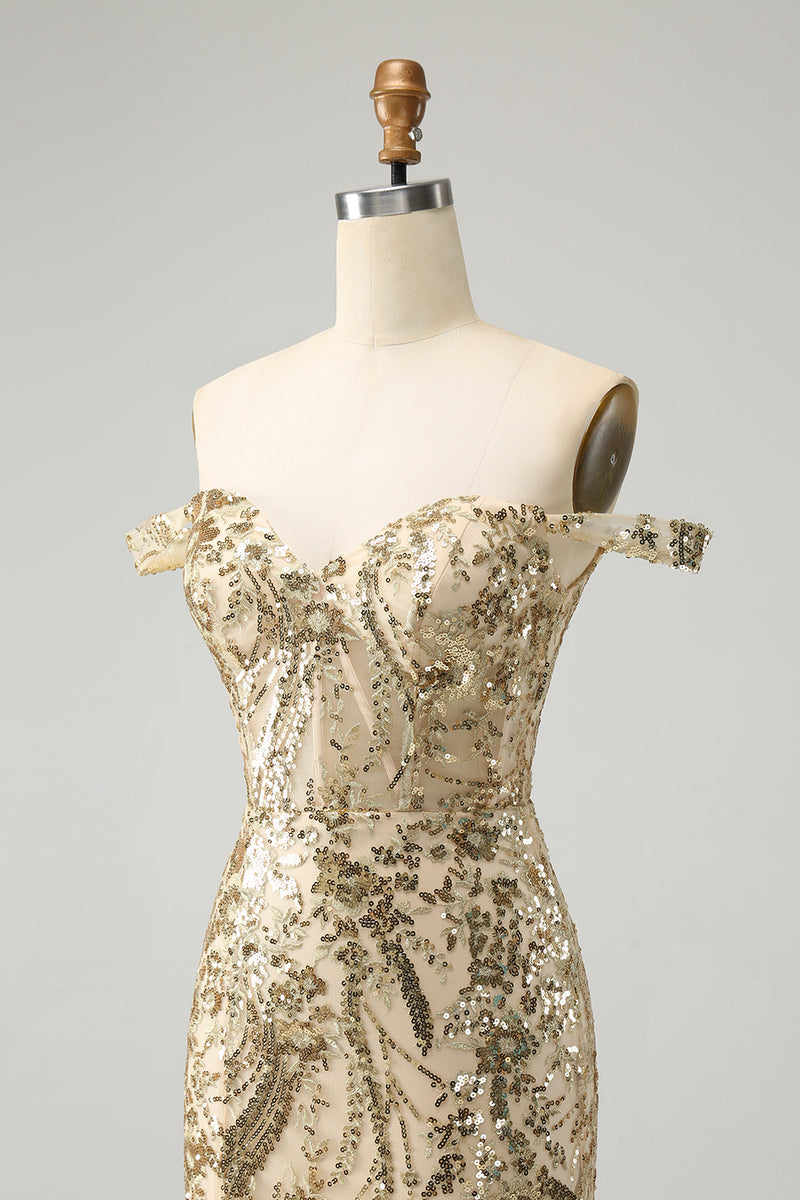 Load image into Gallery viewer, Golden Off The Shoulder Borycon Corset Homecoming Dress with Sequins