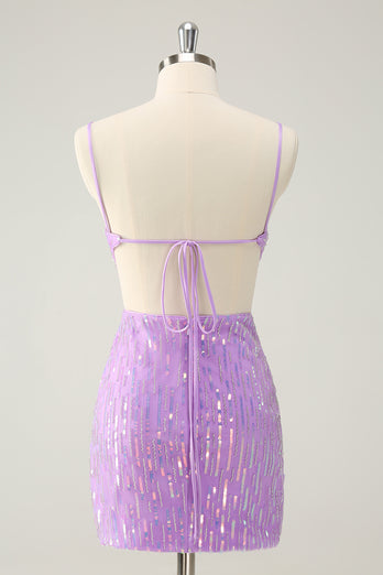 Sparkly Purple Spaghetti Straps Bodycon Homcoming Dress with Sequins
