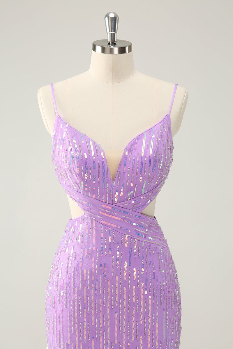 Load image into Gallery viewer, Sparkly Purple Spaghetti Straps Bodycon Homcoming Dress with Sequins
