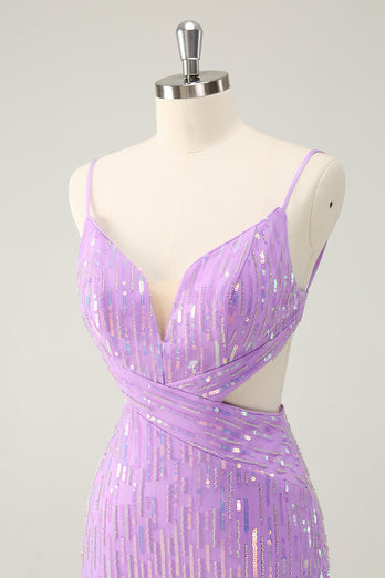 Sparkly Purple Spaghetti Straps Bodycon Homcoming Dress with Sequins
