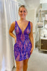 Load image into Gallery viewer, Dark Purple V-Neck Bodycon Homecoming Dress with Sequins