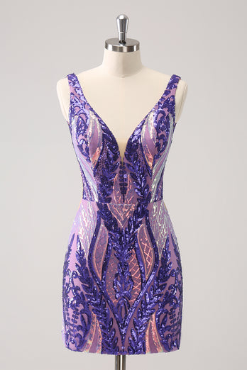 Bodycon Dark Purple V-Neck Homecoming Dress with Sequins