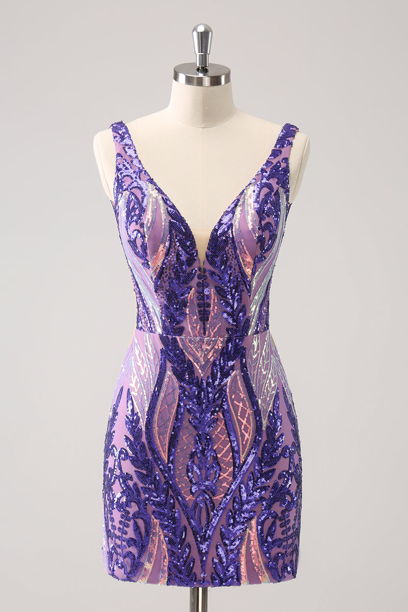 Load image into Gallery viewer, Bodycon Dark Purple V-Neck Homecoming Dress with Sequins