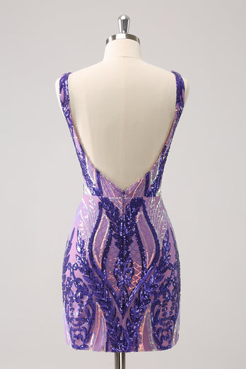 Bodycon Dark Purple V-Neck Homecoming Dress with Sequins