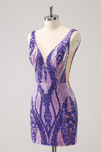 Bodycon Dark Purple V-Neck Homecoming Dress with Sequins