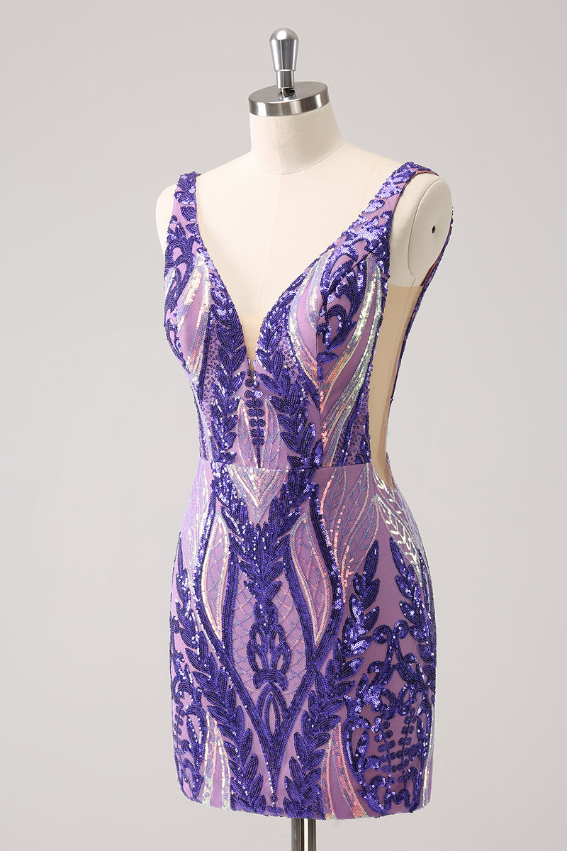 Load image into Gallery viewer, Bodycon Dark Purple V-Neck Homecoming Dress with Sequins