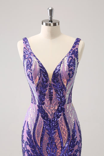 Bodycon Dark Purple V-Neck Homecoming Dress with Sequins