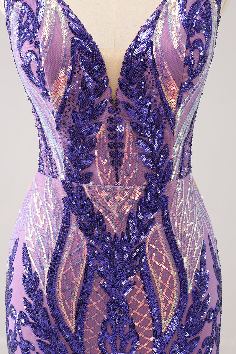 Load image into Gallery viewer, Bodycon Dark Purple V-Neck Homecoming Dress with Sequins