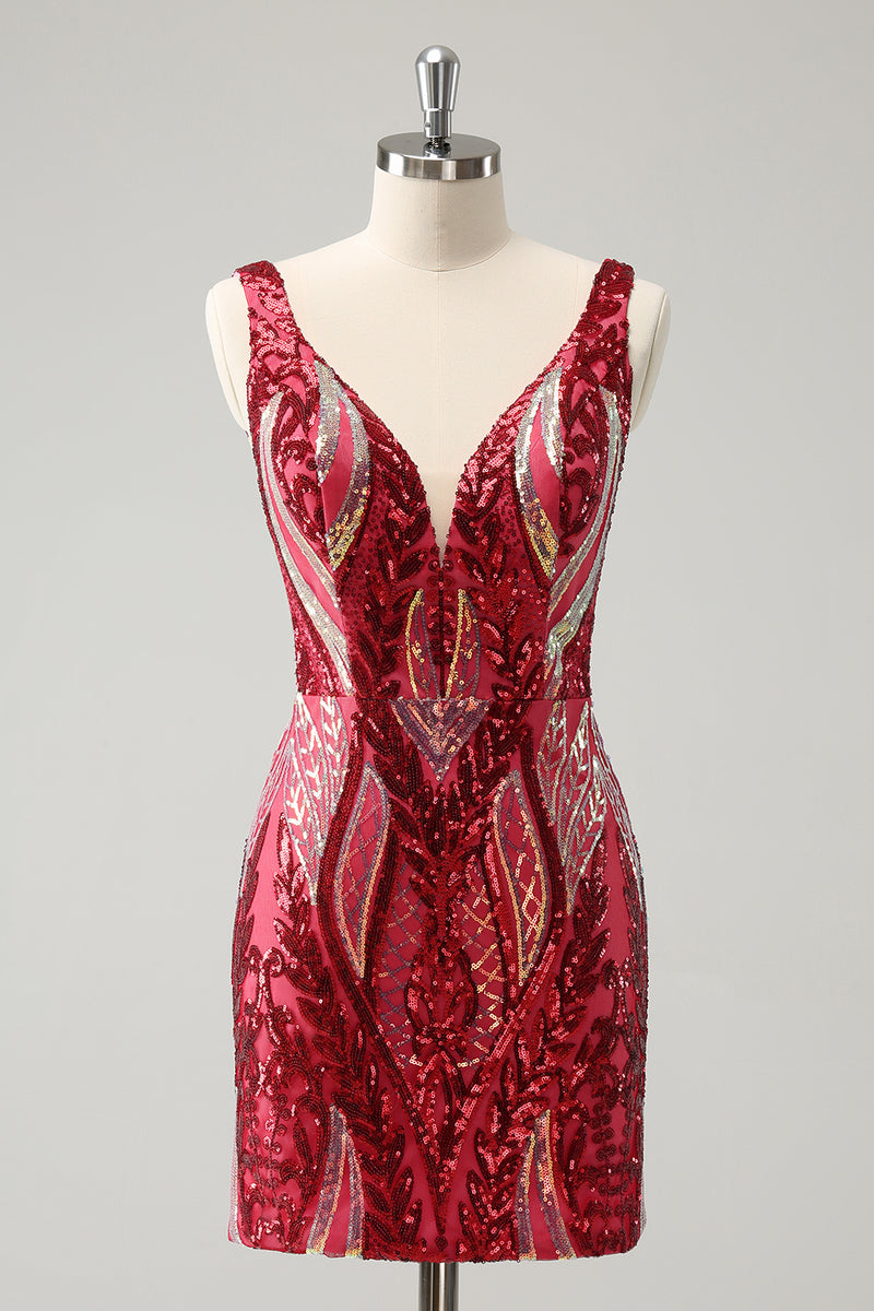 Load image into Gallery viewer, Bodycon Fuchsia V-Neck Homecoming Dress with Sequins