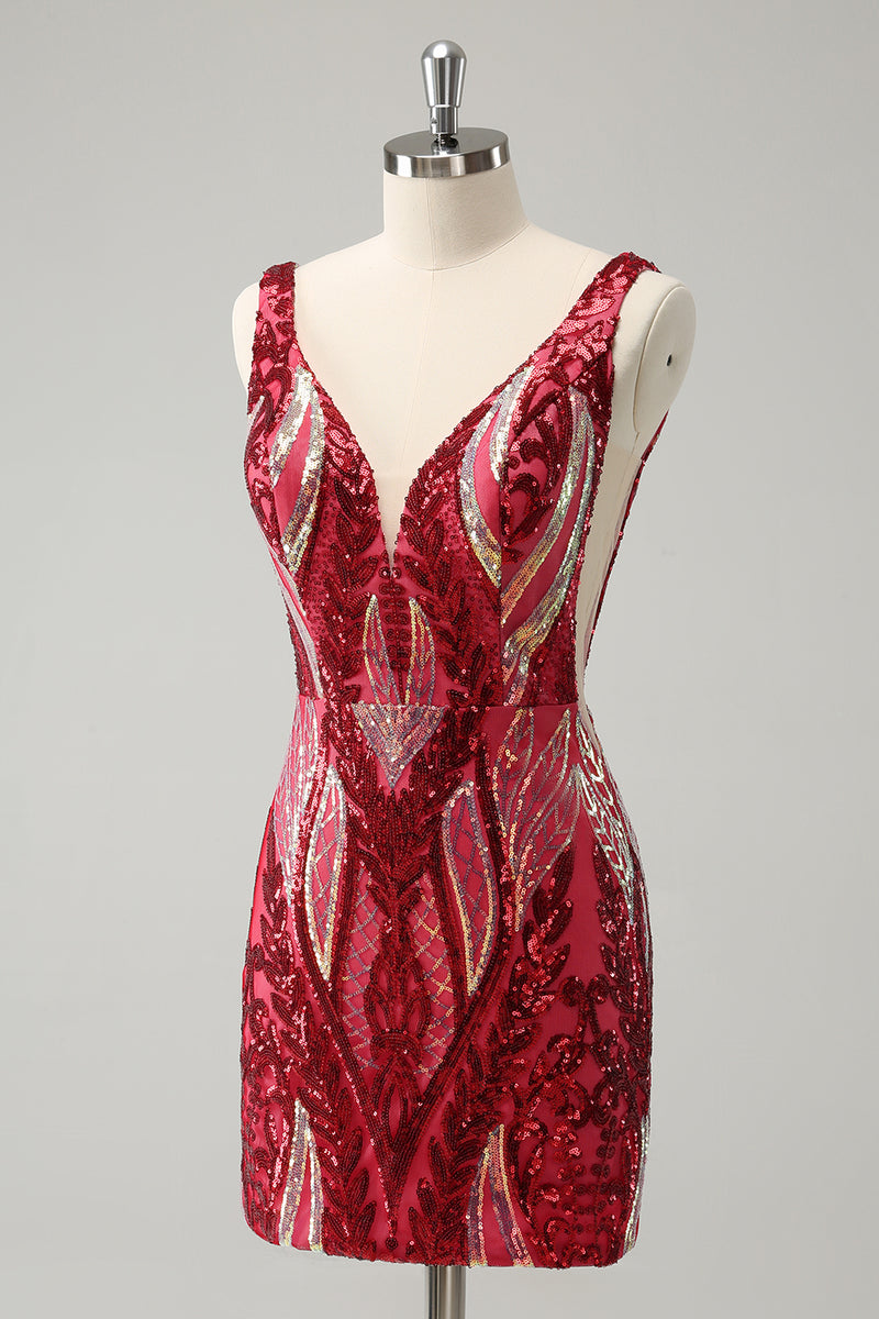 Load image into Gallery viewer, Bodycon Fuchsia V-Neck Homecoming Dress with Sequins