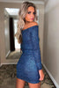 Load image into Gallery viewer, Dark Blue Off The Shoulder Sequined Homecoming Dress with Long Sleeves