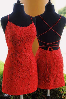 Spaghetti Straps Red Beaded Homecoming Dress with Lace