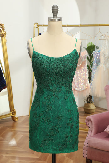 Spaghetti Straps Green Beaded Homecoming Dress with Lace