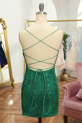 Spaghetti Straps Green Beaded Homecoming Dress with Lace
