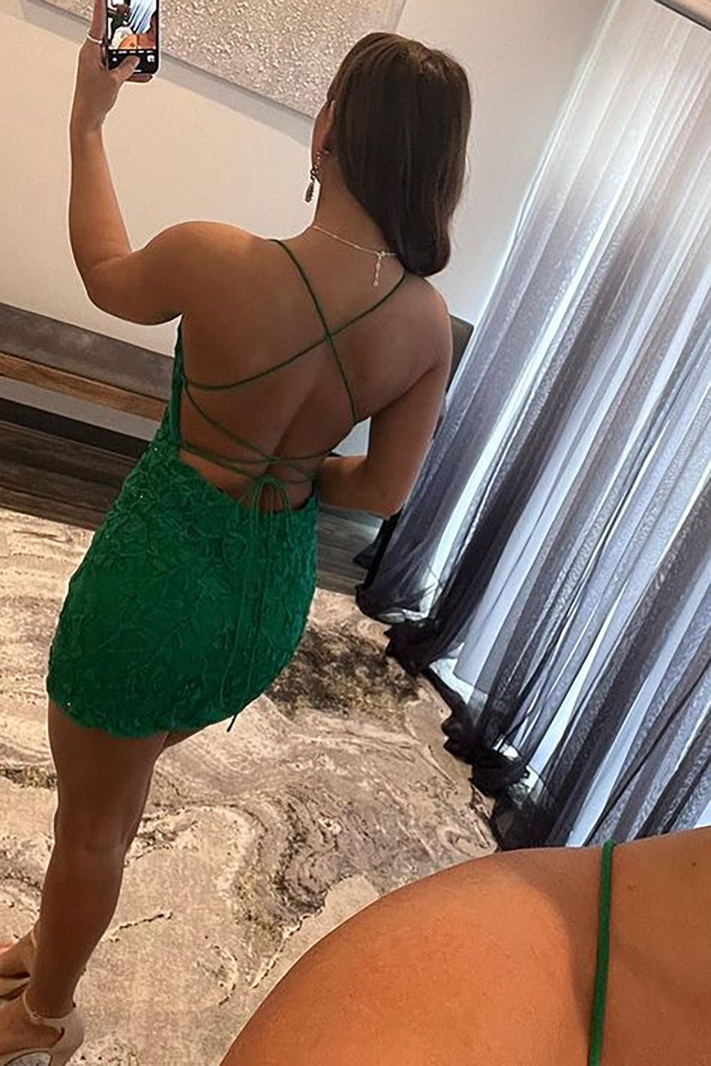 Load image into Gallery viewer, Spaghetti Straps Green Beaded Homecoming Dress with Lace