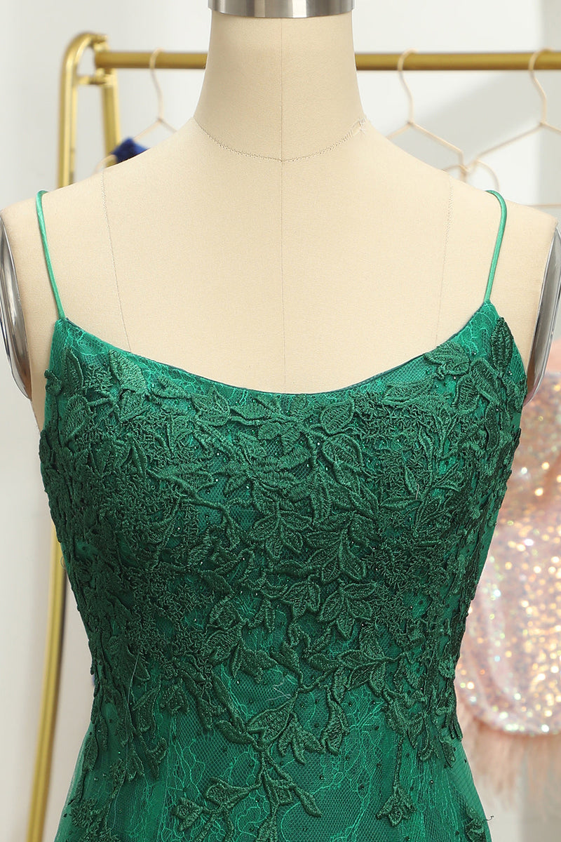 Load image into Gallery viewer, Spaghetti Straps Green Beaded Homecoming Dress with Lace