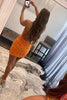 Load image into Gallery viewer, Orange Spaghetti Straps Beaded Homecoming Dress with Lace