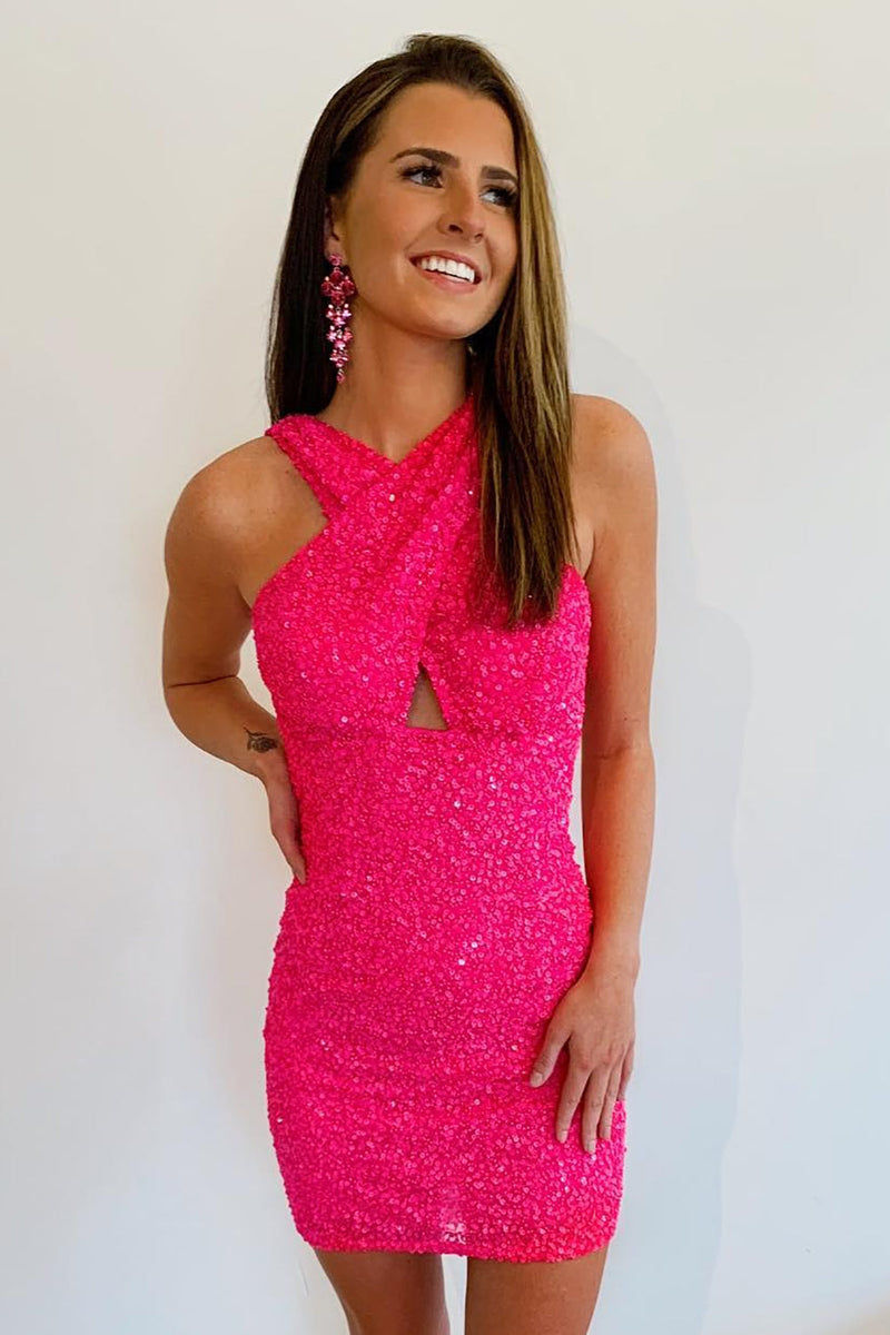 Load image into Gallery viewer, Halter Fuchsia Sleeveless Homecoming Dress with Sequins