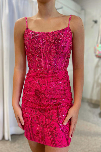 Sparkly Fuchsia Spaghetti Straps Homecoming Dress with Sequins