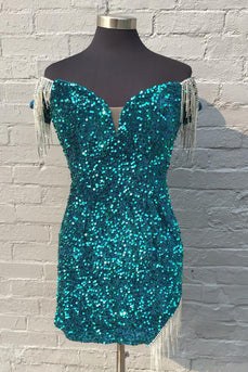 Sparkly Green Off The Shoulder Fringed Homecoming Dress with Sequins
