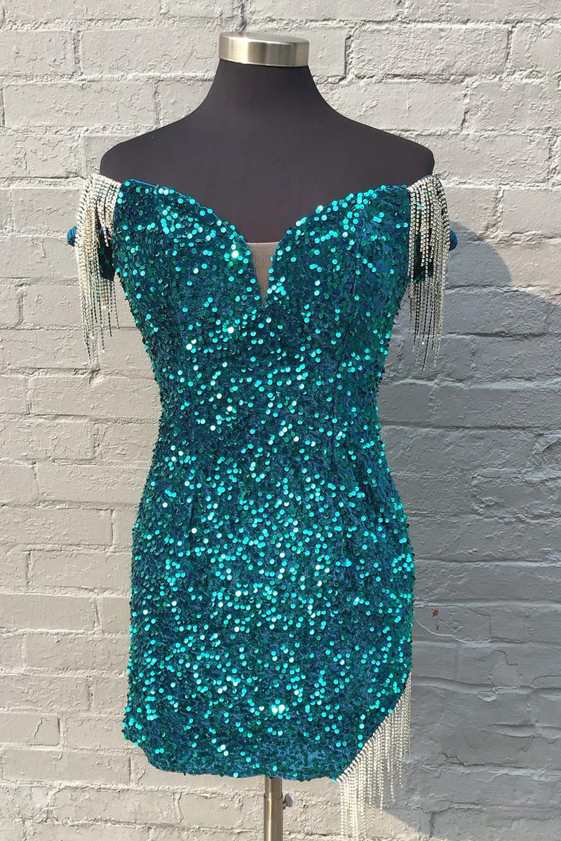 Load image into Gallery viewer, Sparkly Green Off The Shoulder Fringed Homecoming Dress with Sequins