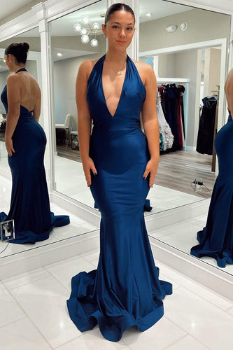 Dark Blue Mermaid Backless Long Prom Dress