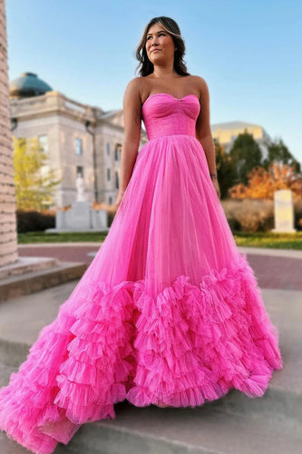 Hot Pink Corset Sweetheart A-Line Long Prom Dress with Ruffles