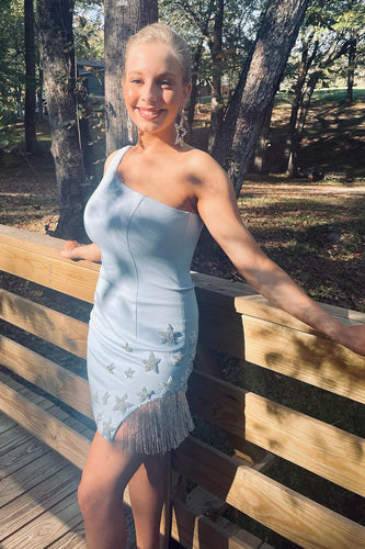 Sparkly Light Blue One Shoulder Bodycon Homecoming Dress with Fringes